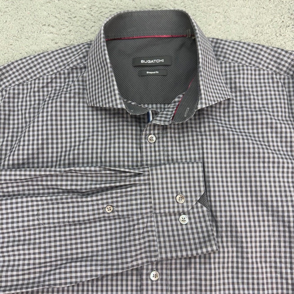 Bugatchi Button Down Shirt Mens‎ L Grey Gingham Shaped Fit Long Sleeve Check
